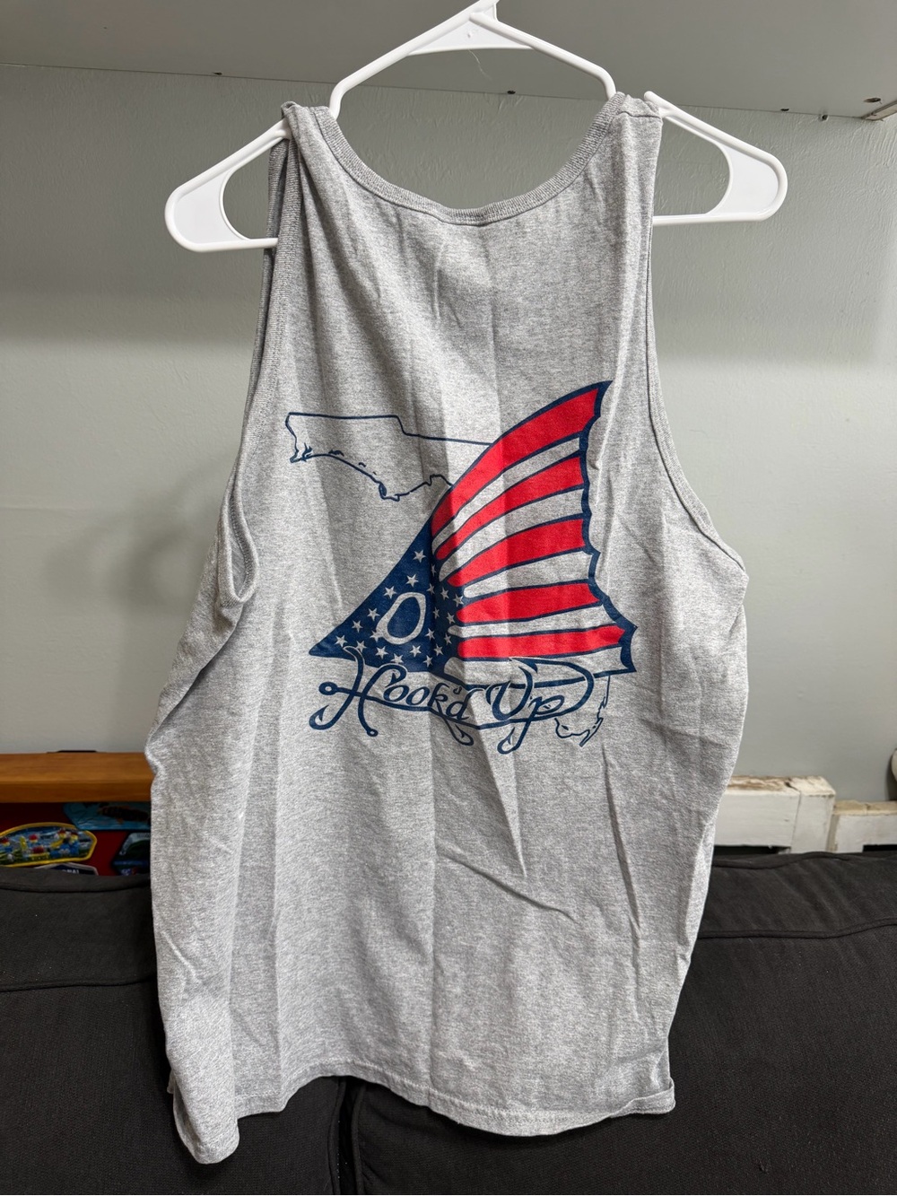 Hooked Up by IOT Gray Tank with Red & Blue Flag Fish Graphic